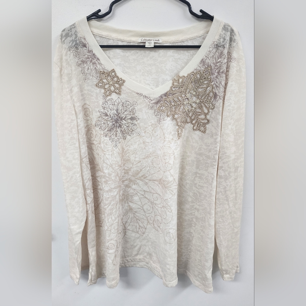 Coldwater Creek Beige Embroidered Long Sleeve Top With Snow Flakes